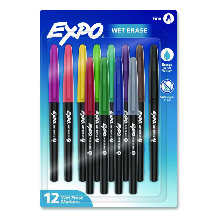 EXPO Wet Erase Markers, Fine Needle Tip, Assorted Colors, 12/Pack (SAN2211379)