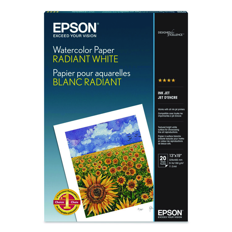 Epson Watercolor Radiant White Inkjet Paper, 11.5 mil, 13 x 19, Matte White, 20/Pack (EPSS041351)