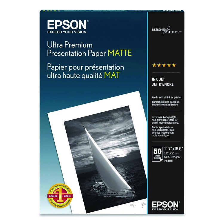 Epson Ultra Premium Matte Presentation Paper, 10 mil, 11.75 x 16.5, White, 50/Pack (EPSS041343)