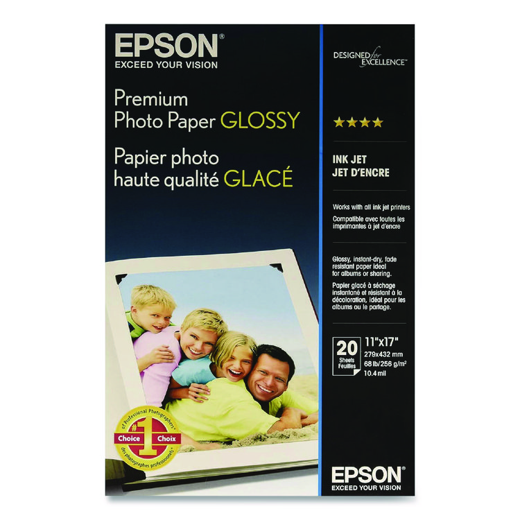 Epson Premium Photo Paper, 10.4 mil, 11 x 17, High-Gloss White, 20/Pack (EPSS041290)