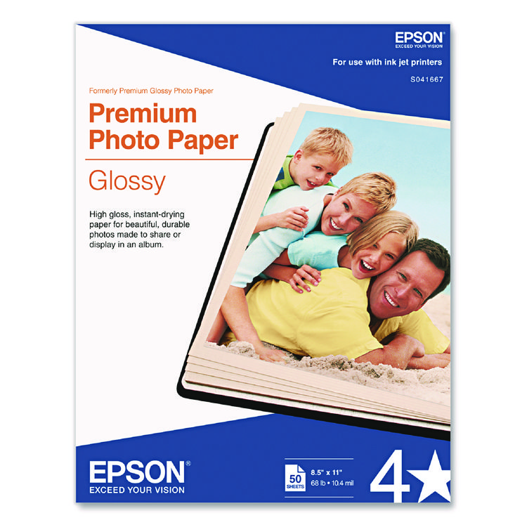 Epson Premium Photo Paper, 10.4 mil, 8.5 x 11, High-Gloss White, 50/Pack (EPSS041667)