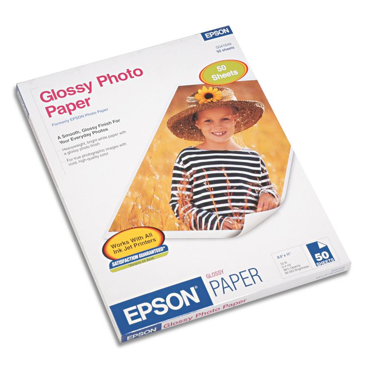 Epson Glossy Photo Paper, 9.4 mil, 8.5 x 11, Glossy White, 50/Pack (EPSS041649)