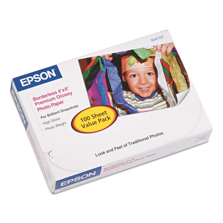 Epson Premium Photo Paper, 10.4 mil, 4 x 6, High-Gloss White, 100/Pack (EPSS041727)