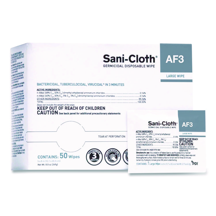 Sani Professional Sani-Cloth AF3 Germicidal Disposable Wipes, Large, 1-Ply, 8" x 5", Unscented, White, 50/Pack, 10 Packs/Carton (PDIH59200)