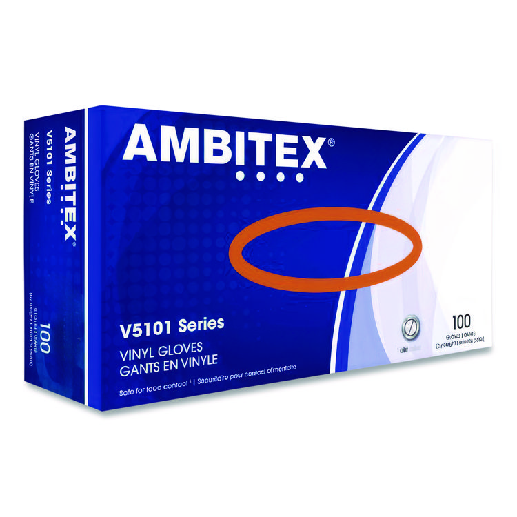 AMBITEX V5101 Series Latex-Free Lightly Powdered Vinyl Gloves, Large, 3 mil Thick, 9" Long, Clear, 100/Box (TXIVLG5101)