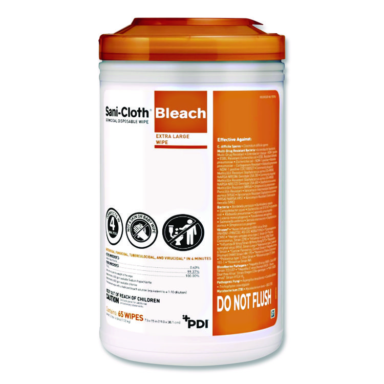 Sani Professional Sani-Cloth Bleach Germicidal Disposable Wipes, 1-Ply, 7.5 x 15, Unscented, White, 65/Pack (PDIP25784)