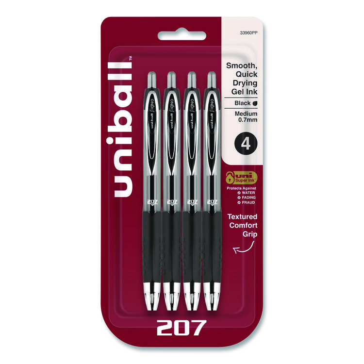 uniball Signo 207 Gel Pen, Retractable, Medium 0.7 mm, Black Ink, Smoke/Black Barrel, 4/Pack (UBC33960PP)