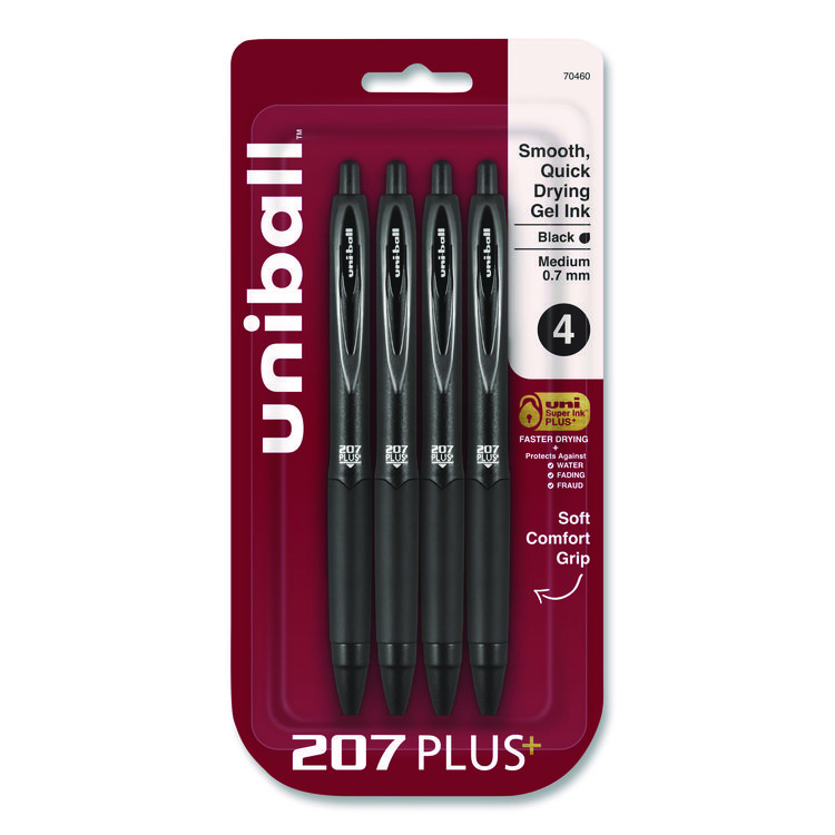 uniball 207 Plus+ Gel Pen, Retractable, Medium 0.7 mm, Black Ink, Black Barrel, 4/Pack (UBC70460)