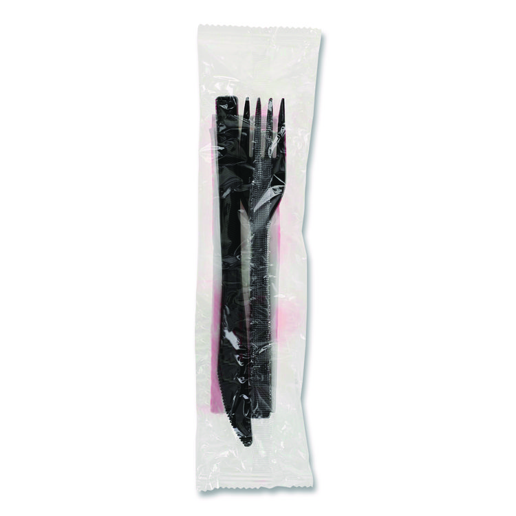Pactiv Evergreen Gardenware Cutlery Kit, Individually Wrapped, Heavyweight, Fork/Knife/Napkin, Plastic, Black, 500/Carton (PCTGKFKNECH)