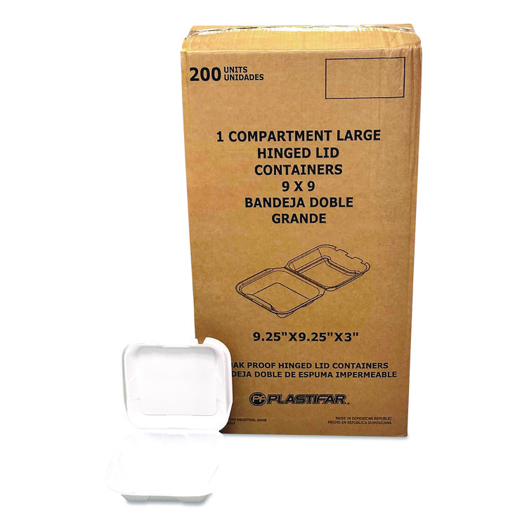 Plastifar Foam Hinged Lid Containers, 9 x 9 x 3, White, Foam, 200/Carton (PST12084)