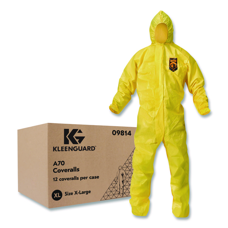 KleenGuard A70 Chemical Spray Protection Coveralls, Elastic Wrists, Ankles, Hood, XL, Yellow, 12/Carton (ANS09814)