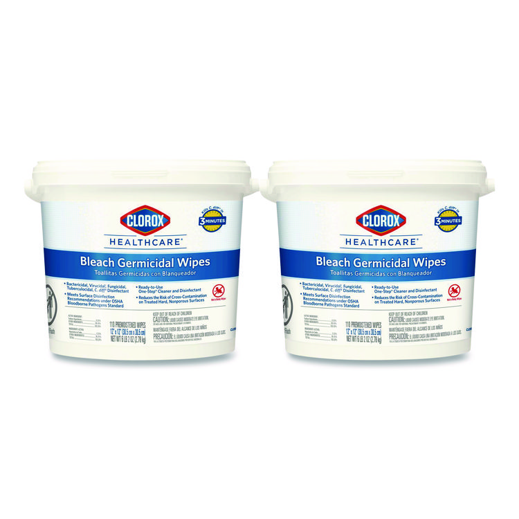 Clorox Healthcare Bleach Germicidal Wipes, 1-Ply, 12 x 12, Unscented, White, 110/Bucket, 2 Buckets/Carton (CLO30358CT)