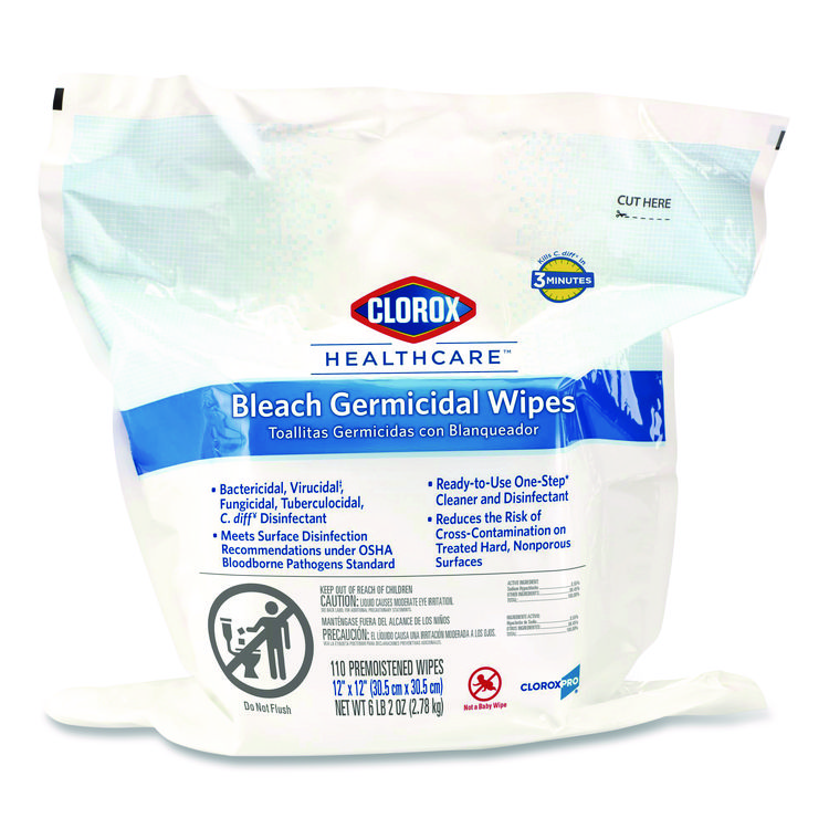 Clorox Healthcare Bleach Germicidal Wipes, Refill for Bucket, 1-Ply, 12 x 12, Unscented, White, 110/Pouch (CLO30359)