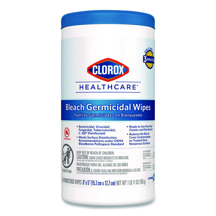 Clorox Healthcare Bleach Germicidal Wipes, 1-Ply, 6 x 5, Unscented, White, 150/Canister (CLO30577)