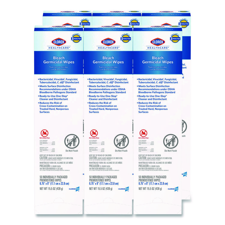 Clorox Healthcare Bleach Germicidal Wipes, Individual Wipes, 1-Ply, 6.75 x 9, Unscented, White, 50/Box, 6 Boxes/Carton (CLO31424)