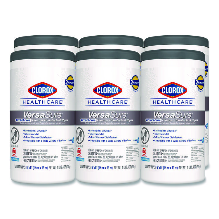 Clorox Healthcare VersaSure Cleaner Disinfectant Wipes, 1-Ply, 6 x 5, Fragranced, White, 150/Canister, 6 Canisters/Carton (CLO31758)
