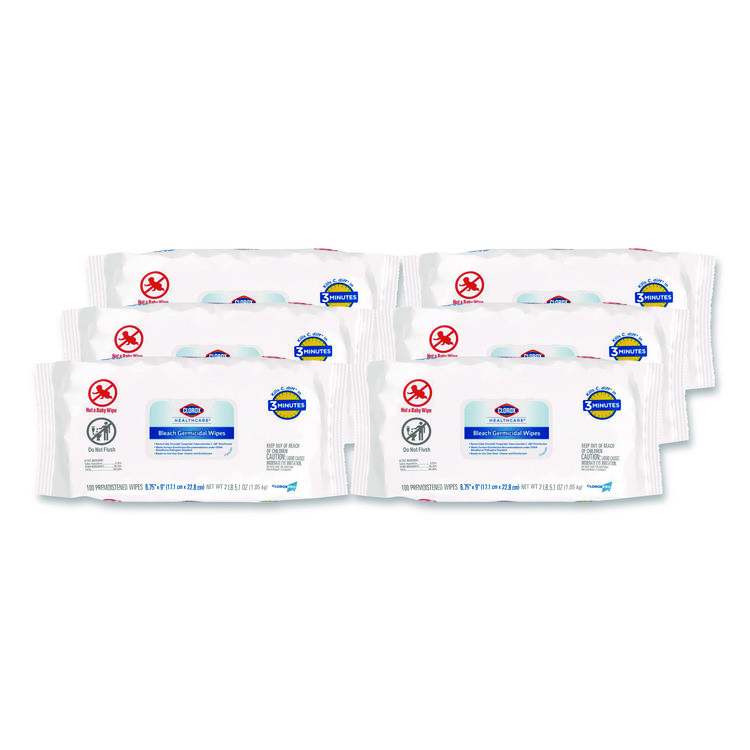 Clorox Healthcare Bleach Germicidal Wipes, Disinfectant Wipes, 1-Ply, 6.75 x 9, Unscented, White, 100 Wipes/Flex-Pack, 6 Flex-Packs/Carton (CLO32621)