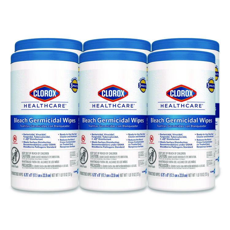 Clorox Healthcare Bleach Germicidal Wipes, 1-Ply, 6.75 x 9, Unscented, White, 70/Canister, 6 Canisters/Carton (CLO35309CT)