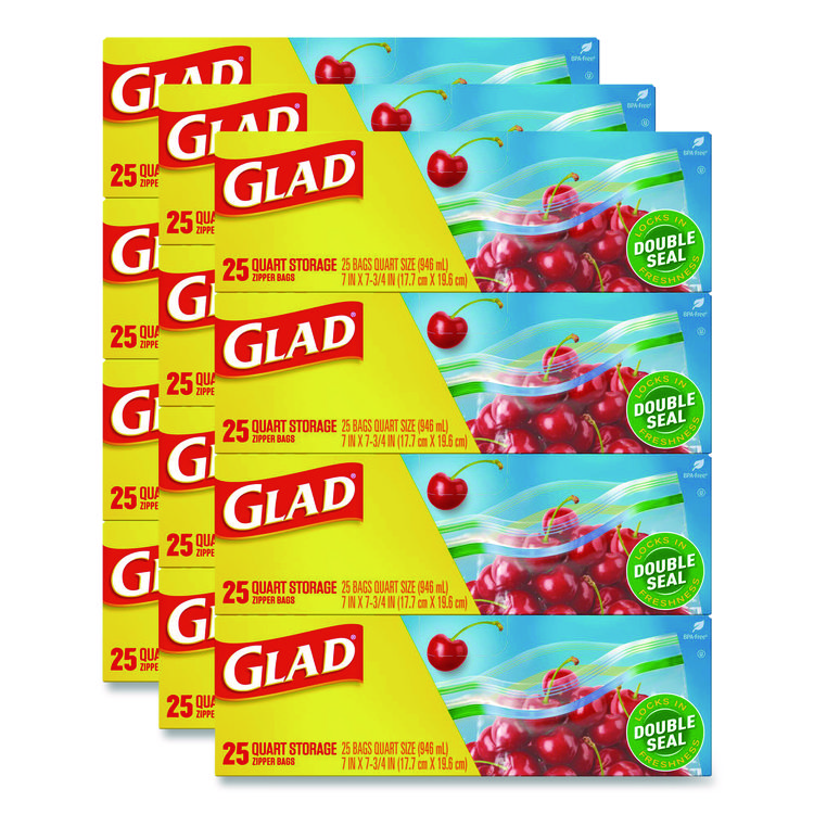 Glad Zipper Food Storage Plastic Bags, Quart Size, 7.75 x 7, Clear, 25 Bags/Box, 12 Boxes/Carton (CLO55052)