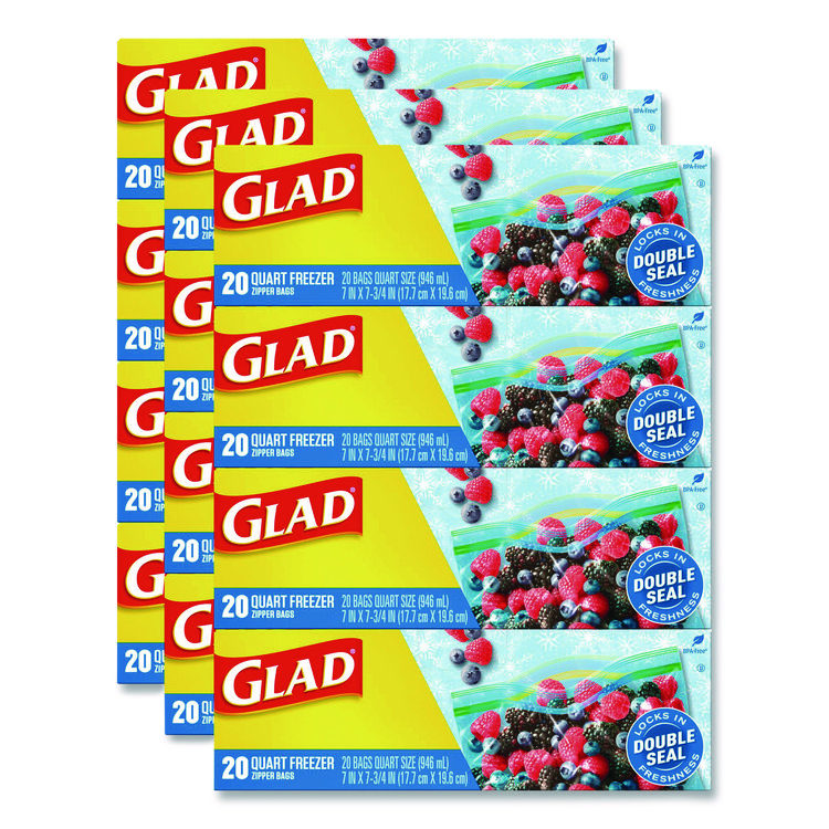 Glad Zipper Food Storage Plastic Bags, Freezer Bags, Quart Size, 7.75 x 8.44, Clear, 20 Bags/Box, 12 Boxes/Carton (CLO57035)