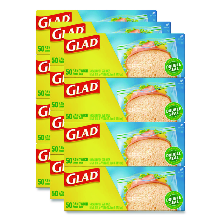 Glad Zipper Food Storage Plastic Sandwich Bags, 6.63 x 5.88, Clear, 50 Bags/Box, 12 Boxes/Carton (CLO57263)