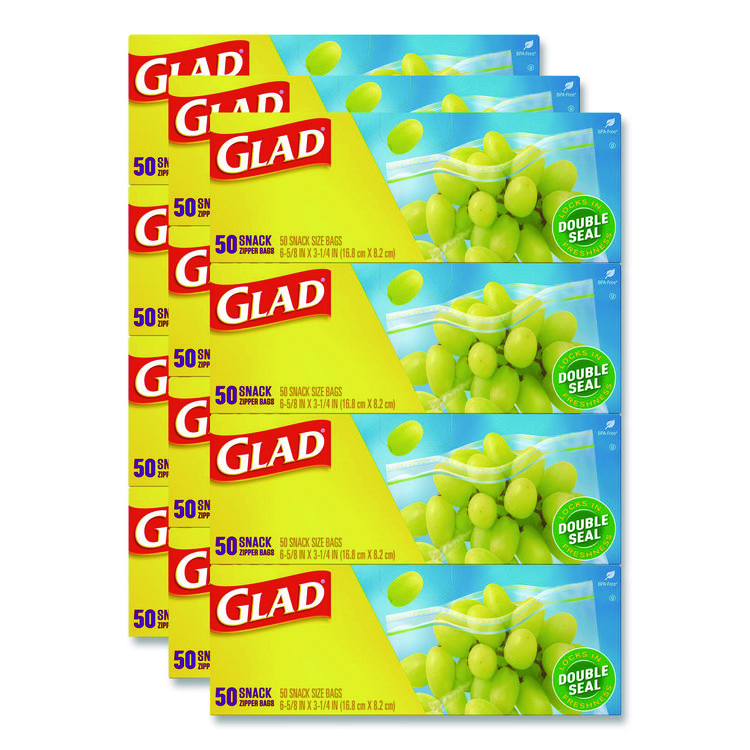 Glad Zipper Food Storage Plastic Bags, Snack Size, 3.25 x 6.63 x 9.31, Clear, 50 Bags/Box, 12 Boxes/Carton (CLO60741)
