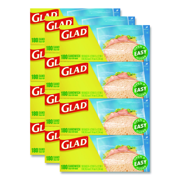 Glad Fold Top Food Storage Plastic Sandwich Bags, 6.5 x 5.5, Clear, 180 Bags/Box, 12 Boxes/Carton (CLO60771)