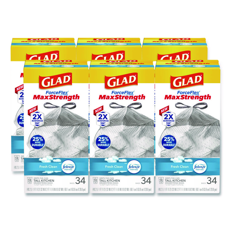 Glad ForceFlex MaxStrength Tall Kitchen Drawstring Trash Bags, 13 gal, Fresh Clean Scent, 24 x 28, White, 34/Box, 6 Boxes/Carton (CLO70320)