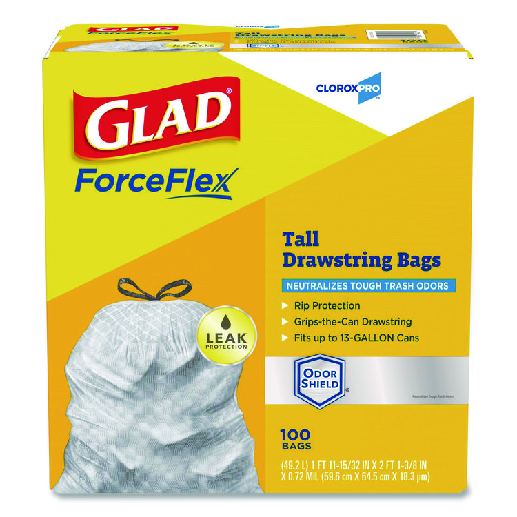 Glad CloroxPro ForceFlex Tall Kitchen Drawstring Trash Bags, 13 gal, 23.75 x 24.88, Gray, 100/Box (CLO70427)