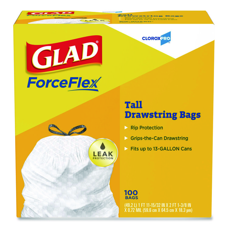 Glad CloroxPro ForceFlex Tall Kitchen Drawstring Trash Bags, 13 gal, 24 x 27.38, Gray, 100/Box (CLO78526)