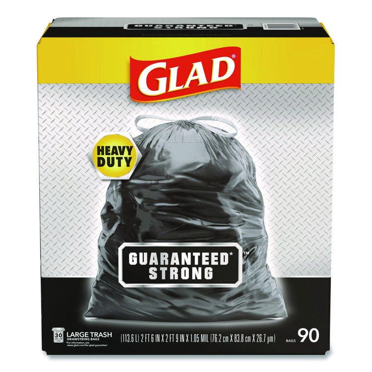 Glad Guaranteed Strong Large Drawstring Trash Bags, Three-Ply, 30 gal, 1.05 mil, 30" x 33", Black, 90/Carton (CLO78952)