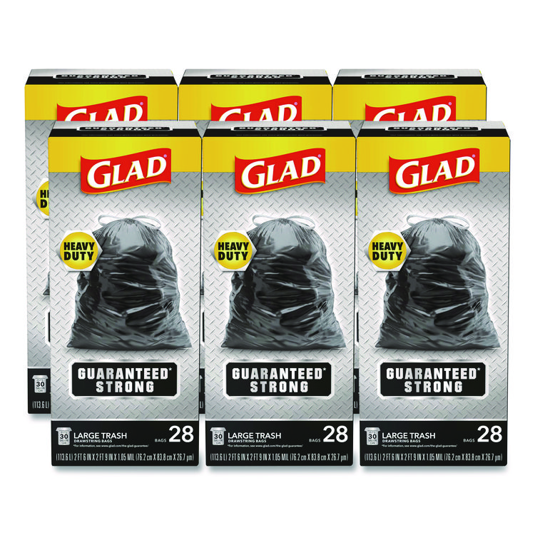 Glad Guaranteed Strong Large Drawstring Trash Bags, Three-Ply, 30 gal, 1.05 mil, 30 x 33, Black, 28 Bags/Box, 6 Boxes/Carton (CLO78966)