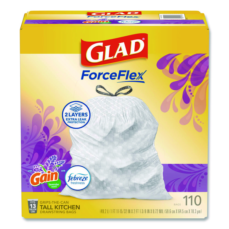 Glad ForceFlex Tall Kitchen Drawstring Trash Bags, 13 gal, Gain Lavender with Febreze Freshness, 10.18 x 9.81, White, 110/Box (CLO79157)