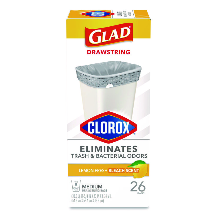 Glad Medium Drawstring Trash Bags with Clorox, 8 gal, Lemon Fresh Bleach Scent, 0.74 mil, 23" x 21.63", Gray, 26/Box (CLO79316)