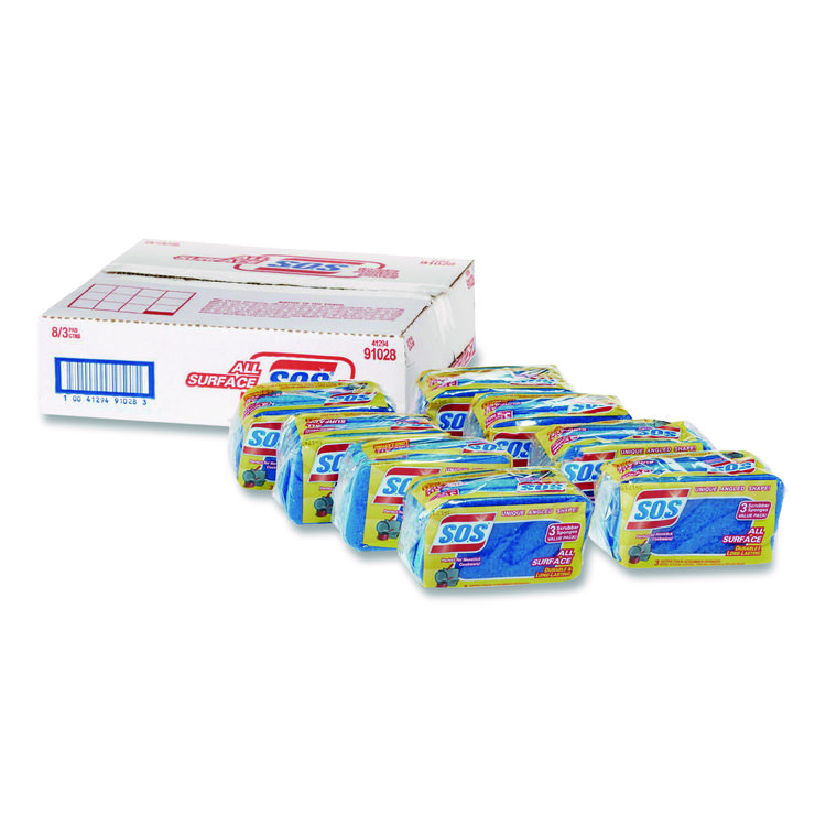 S.O.S. All Surface Scrubber Sponge, 2.5 x 4.5, 0.9" Thick, Dark Blue, 3/Pack, 8 Packs/Carton (CLO91028CT)