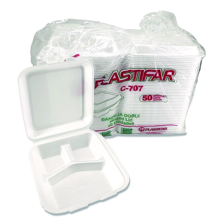 Plastifar Foam Hinged Lid Containers, 3-Compartment, 7.56 x 8.25 x 2.38, White, Foam, 200/Carton (PST12109)