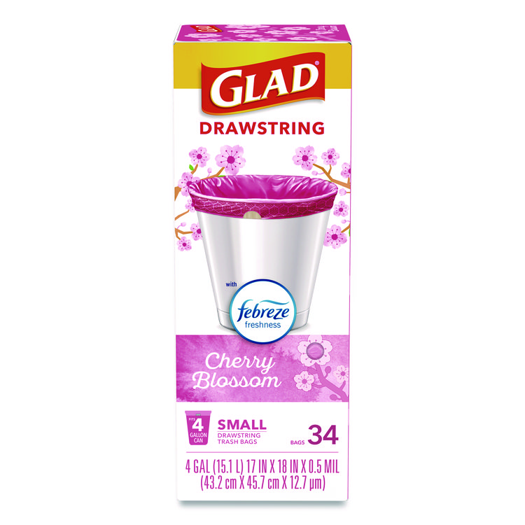 Glad OdorShield Small Drawstring Trash Bags, 4 gal, Cherry Blossom Scent, 0.5 mil, 18" x 17", Pink, 34/Box (CLO79274)