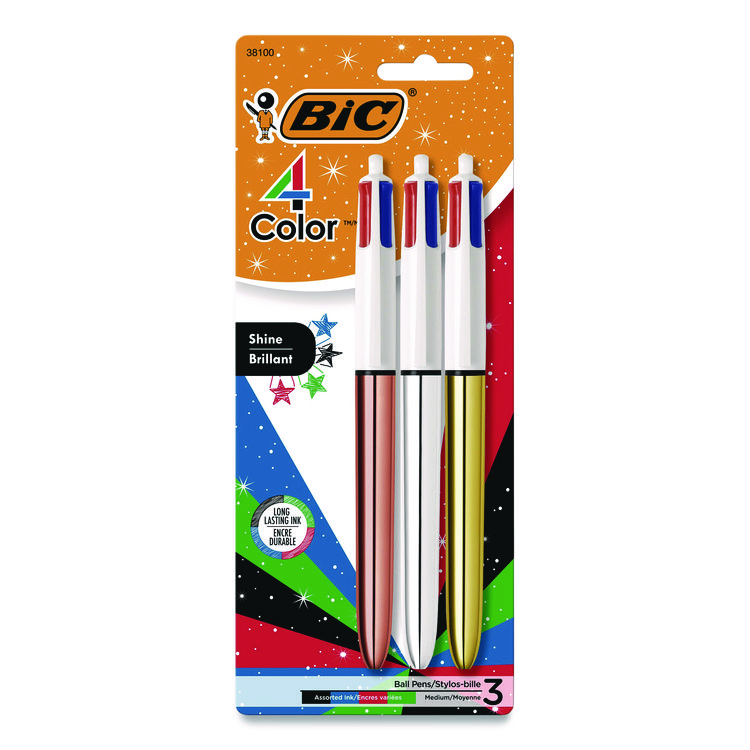 BIC 4-Color Shine Multi-Color Ballpoint Pen, Retractable, Medium 1mm, Black/Blue/Green/Red Ink, Assorted Metallic Barrels, 3/Pack (BICMMMTP31AST)