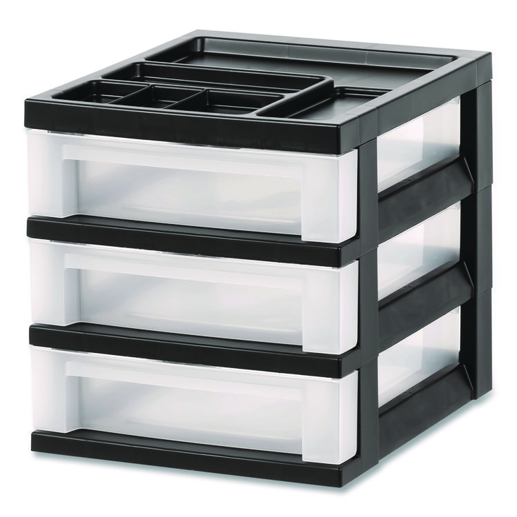 IRIS 3-Drawer Desktop Storage with Top Organizer Tray, Plastic, 12.17 x 14.33 x 12.93, Black/Translucent (IRS116351)