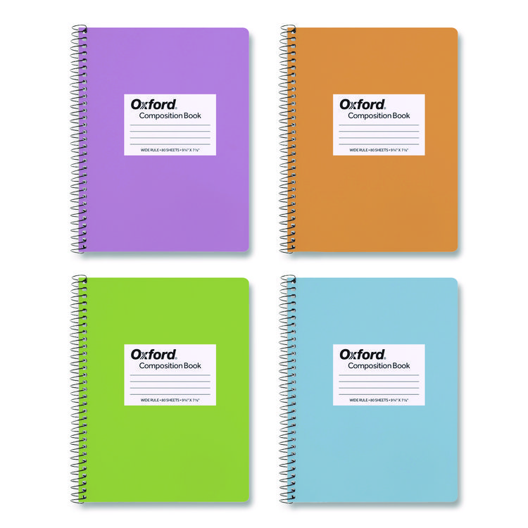 Oxford Spiralbound Composition Books, Wide/Legal Rule, Assorted Cover Colors, (80) 9.75 x 7.5 Sheets, 4/Pack (OXF64946)