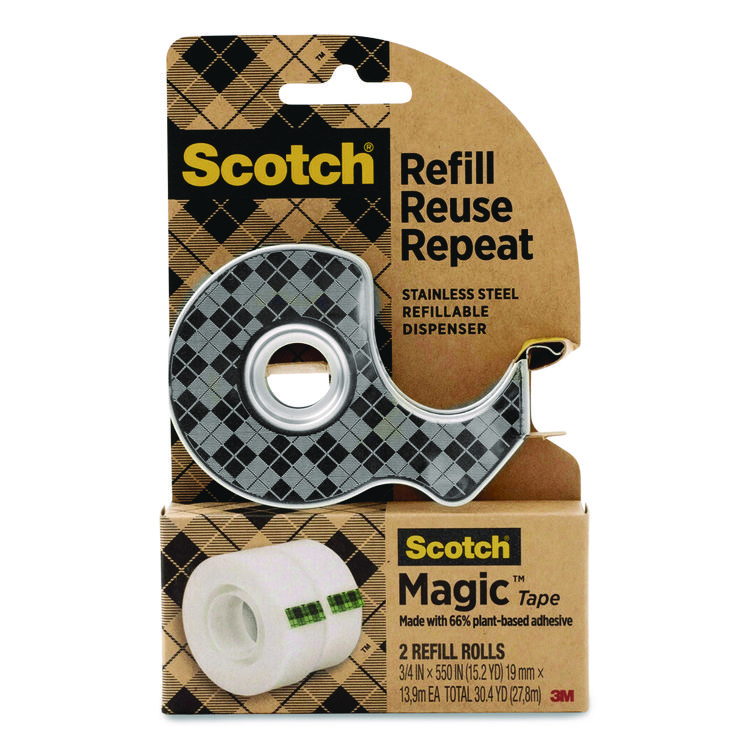 Scotch Stainless Steel Refillable Tape Dispenser with 2 Rolls 0.75" x 550" Tape (MMM123R)