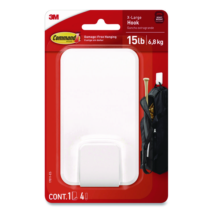 Command X-Large Utility Hooks, Plastic, White, 15 lb Capacity, 1 Hook and 4 Strips (MMM17011ES)