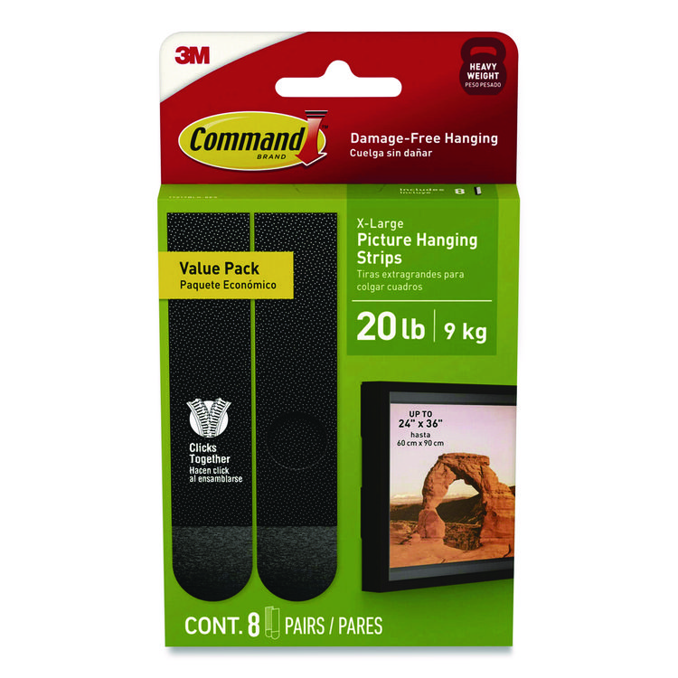 Command Picture Hanging Strips, X-Large, Removable, Holds up to 20 lbs per 4 Strips, Black, 8 Pairs/Pack (MMM17217BLK8ES)