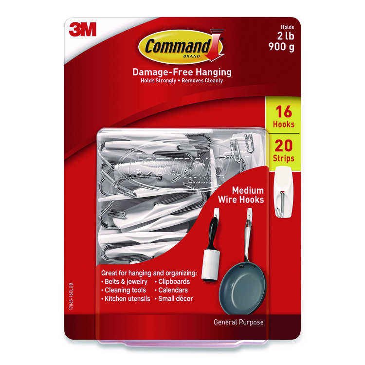 Command General Purpose Wire Hooks, Medium, Metal, White, 2 lb Capacity, 16 Hooks and 20 Strips/Pack (MMM1706516CLUB)