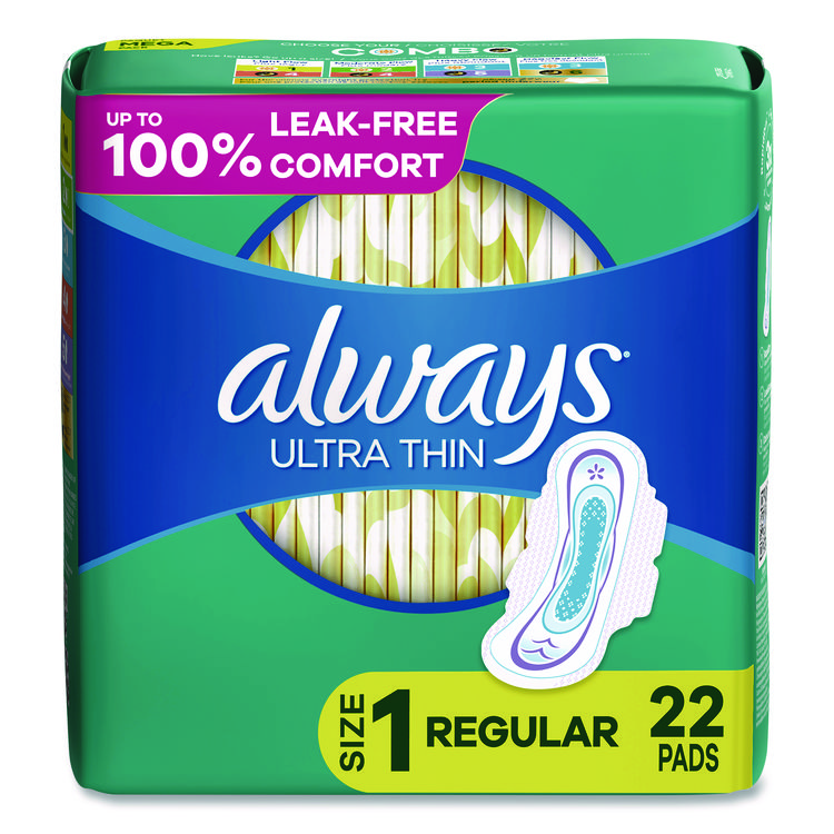 Always Ultra Thin Pads with Wings, Size 1, Regular Absorbency, 22 Pads/Pack, 12 Packs/Carton (PGC03339)