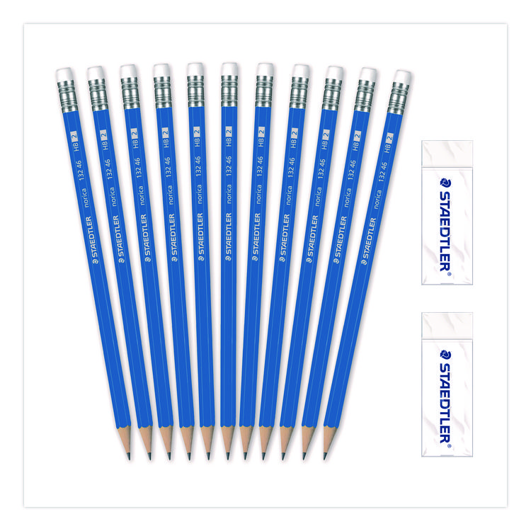 Staedtler Pre-Sharpened Wooden Pencils with (40) Block Erasers, HB #2 Black Lead, Blue Barrel, 500/Pack (STD13246C500)