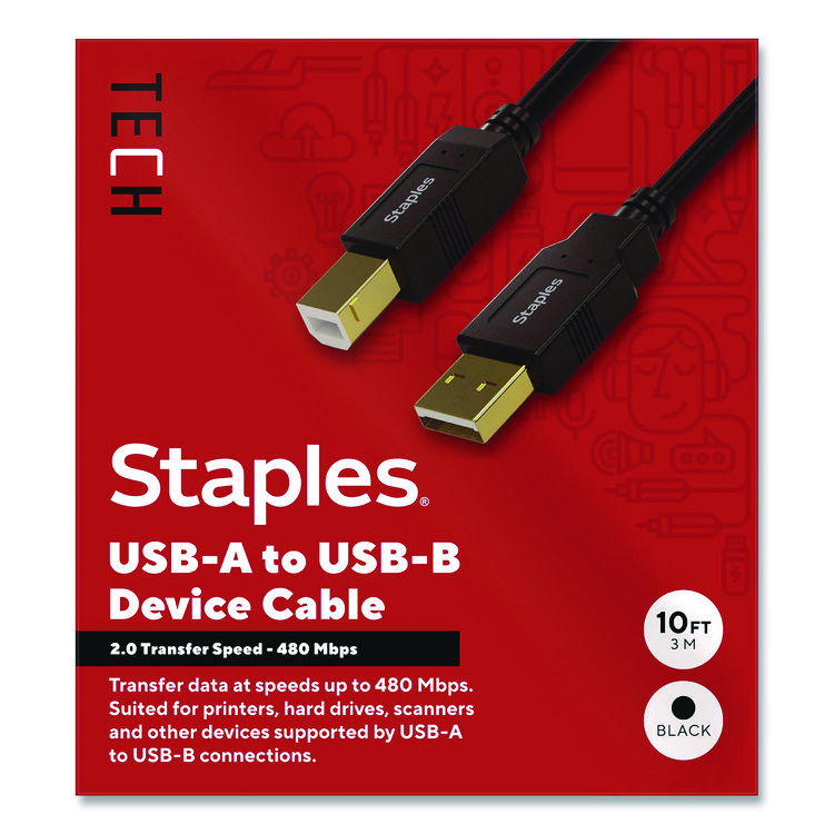 STAPLES BRANDS GROUP USB-A to USB-B 2.0 Cable, 10 ft, Black (WLBST62443)