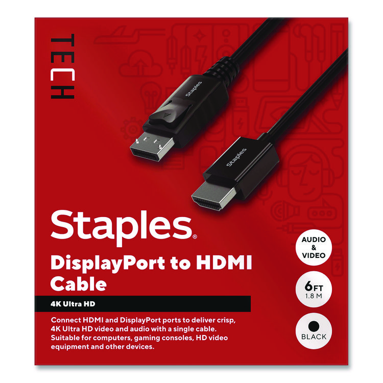 STAPLES BRANDS GROUP DisplayPort to HDMI Audio/Video Cable, 6 ft, Black (WLBST62466)