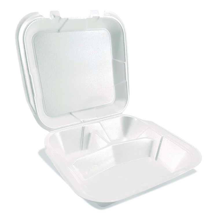 Plastifar Foam Hinged Lid Containers, 3-Compartment, 9 x 9 x 3, White, Foam, 200/Carton (PST12083)