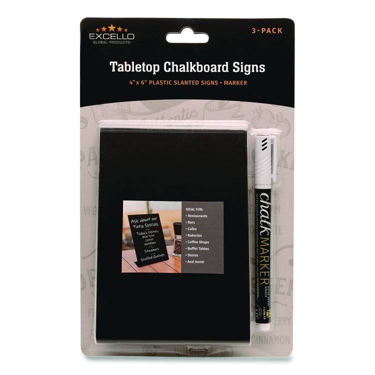 Excello Global Products Tabletop Chalkboard Signs, Black Surface, 4 x 6, 3/Pack (EXOEGPHD0509S)